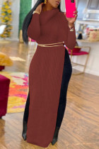 Rote Bohnenpaste, einfarbig, gerade, Patchwork-Kleid mit Schlitz und Rollkragen