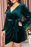 グリーンファッションセクシーなソリッド包帯Vネック長袖プラスサイズのドレス
