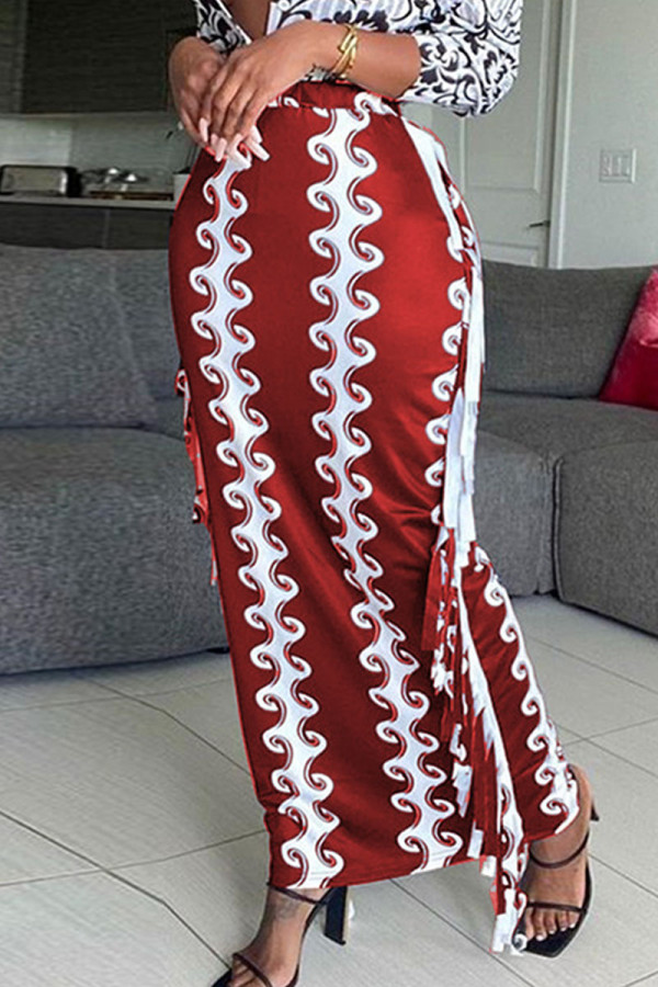 Красные модные повседневные полосатые принты с кисточками в стиле пэчворк, прямые прямые брюки с высокой талией и полным принтом
