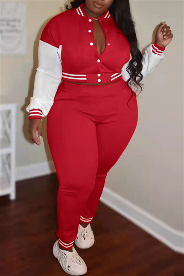 Red Fashion Casual Patchwork Cardigan Broek O Neck Plus Size Two Pieces