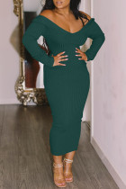 Ink Green Sexy Solid Split Joint V Neck One Step Skirt Dresses