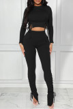 Black Fashion Casual Solid Bandage Draw String O Neck Long Sleeve Two Pieces