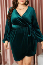 Зеленые модные сексуальные сплошные повязки с V-образным вырезом и длинным рукавом Платья больших размеров