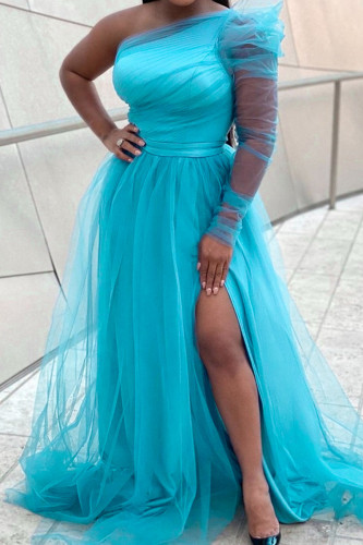 Lichtblauwe mode sexy effen rugloze split schuine kraag lange mouw plus size jurken