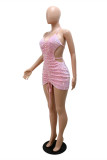Pink Fashion Sexy Patchwork Sequins Backless Halter Sleeveless Dress