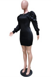 Black Fashion Casual Solid Basic O Neck Long Sleeve Dresses