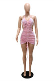 ピンク ファッション セクシーなパッチワーク スパンコール バックレス ホルター ノースリーブ ドレス