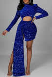 Blauwe sexy patchwork uitgeholde pailletten halve coltrui onregelmatige jurk