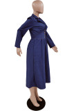 Blue Fashion Casual Solid Patchwork Turndown Collar Long Sleeve Dresses