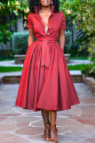 Красные повседневные однотонные пуговицы в стиле пэчворк, платье-рубашка с отложным воротником, платья