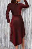 Burgundy Fashion Sexy Solid Patchwork Bright Silk V Neck Long Sleeve Dresses