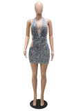 Grey Fashion Sexy Patchwork Sequins Backless Halter Sleeveless Dress