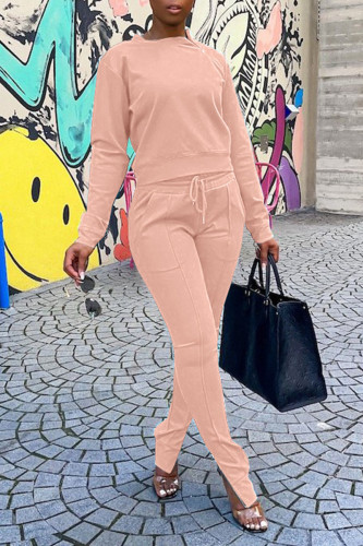 Pink Casual Solid Patchwork Zipper Collar Long Sleeve Two Pieces