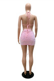 ピンク ファッション セクシーなパッチワーク スパンコール バックレス ホルター ノースリーブ ドレス