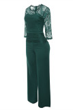 グリーンファッションカジュアルパッチワークソリッドシースルーOネックレギュラージャンプスーツ