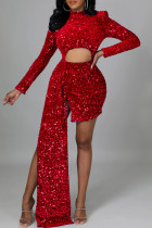 赤いセクシーなパッチワークくり抜かれたスパンコールハーフタートルネックの不規則なドレス