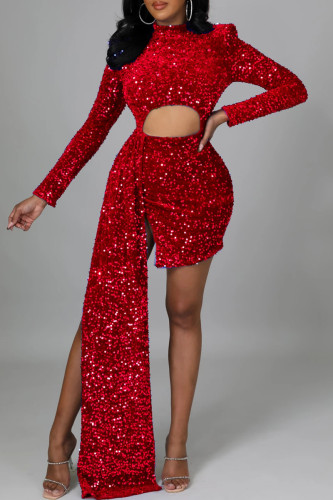 Vestido de lantejoulas vazadas com patchwork vermelho sexy e meio vestido irregular de gola alta