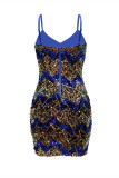 Синее модное сексуальное платье в стиле пэчворк с блестками и открытой спиной с V-образным вырезом