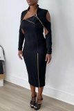 Grey Sexy Solid Hollowed Out Zipper Collar Pencil Skirt Dresses