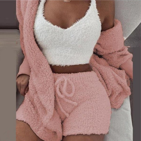Pink Casual Solid Patchwork Draw String Christmas Day Sleepwear three Pieces