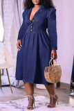 Blue Fashion Casual Solid Split Joint Turndown Collar Long Sleeve Dresses