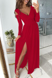 Red Sweet Elegant Solid Patchwork Fold V Neck Straight Dresses