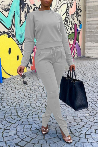 Grey Casual Solid Patchwork Zipper Collar Long Sleeve Two Pieces