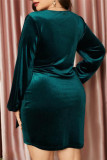 グリーンファッションセクシーなソリッド包帯Vネック長袖プラスサイズのドレス