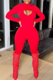 Red Fashion Casual Solid Hollowed Out Half A Rollkragen Skinny Jumpsuits