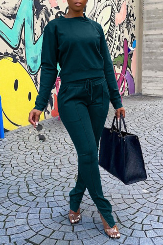 Green Casual Solid Patchwork Zipper Collar Long Sleeve Two Pieces