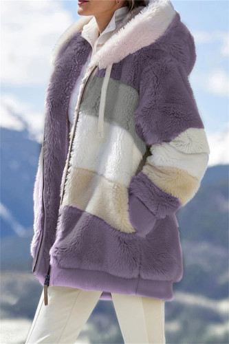 Lila Mode Lässig Patchwork Reißverschluss Kapuzenkragen Plus Size Mantel