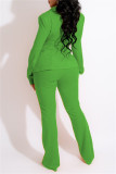 Green Fashion Casual Solid Patchwork Cardigan Pants Turndown Collar Long Sleeve Two Pieces