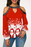 Rood Zwart Kerstdag Casual Feest Uitgeholde Patchwork Print Kerstboom Bedrukte Sneeuwpop Gedrukte Kostuums