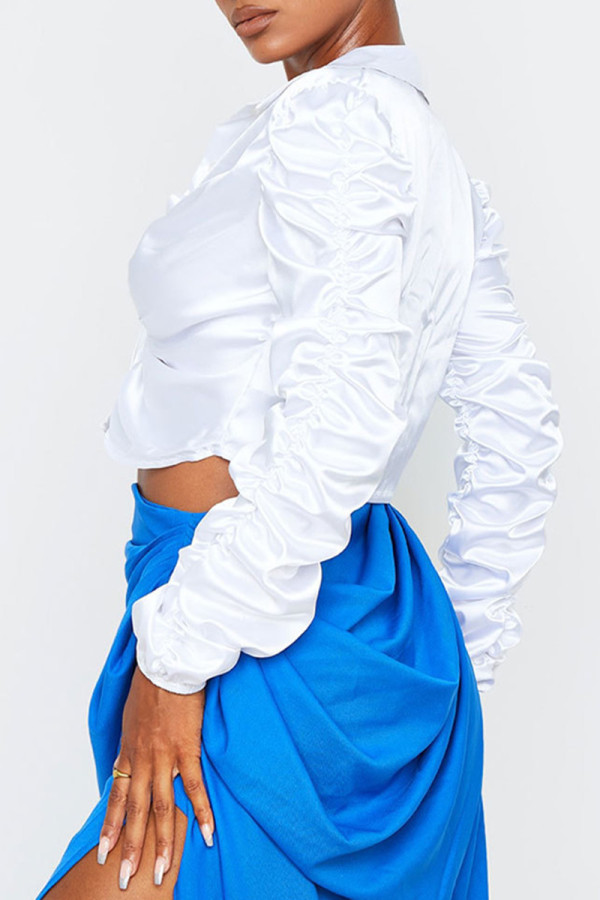 White Fashion Casual Solid Fold Shirt Collar Tops