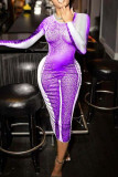 Purple Sexy Print Split Joint O Neck One Step Skirt Dresses