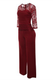 Röd Mode Casual Patchwork Solid genomskinlig O-hals vanliga Jumpsuits