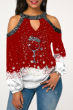 Wit Rood Kerstdag Casual Feest Uitgeholde Patchwork Print Kerstboom Bedrukte Sneeuwpop Bedrukte Kostuums