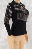 Black Sexy Solid Tassel Hollowed Out Patchwork Hot Drill O Neck Tops