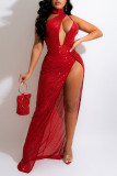 Rotes reizvolles elegantes festes ausgehöhltes Pailletten-Patchwork-asymmetrisches Abendkleid-Kleider