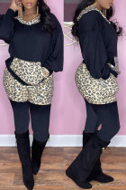 Black Fashion Casual Print Leopard Draw String Hooded Collar Long Sleeve Two Pieces