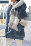 Abrigo de talla grande con cuello encapuchado con cremallera de patchwork casual de moda azul