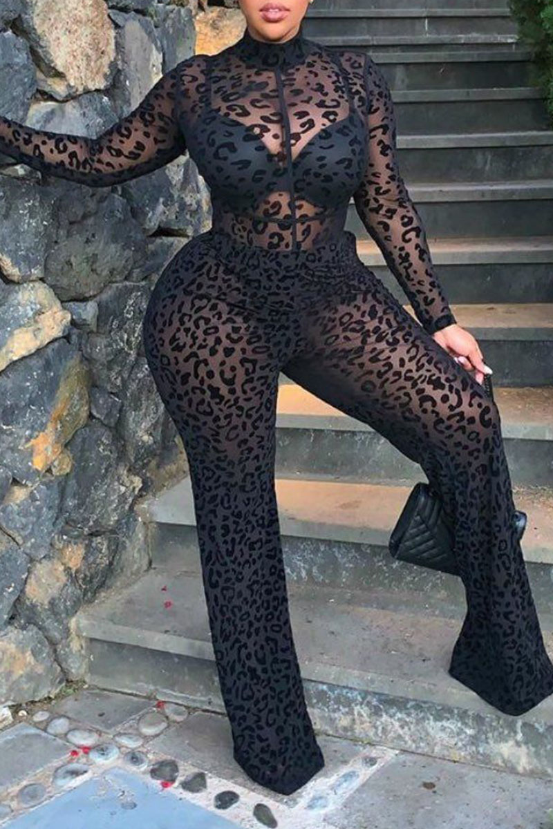 

Black Sexy Print Split Joint See-through O Neck Plus Size Jumpsuits