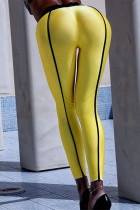 Pantalon crayon taille haute, vêtements de sport décontractés jaune, Patchwork uni, slim