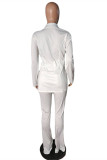 Белые модные повседневные однотонные лоскутные брюки-кардиган с отложным воротником и длинными рукавами из двух частей