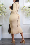 Khaki Sexy Solid Hollowed Out Patchwork O Neck One Step Skirt Dresses