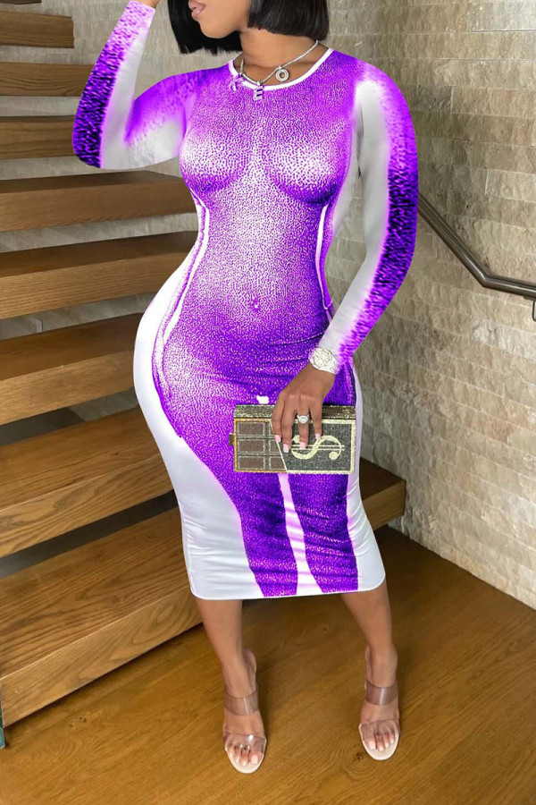 Purple Sexy Print Split Joint O Neck One Step Skirt Dresses