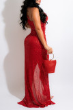Red Sexy Elegant Solid Hollowed Out Sequins Patchwork Asymmetrical Evening Dress Dresses