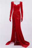 Red Fashion Sexy Solid Patchwork Slit V Neck Long Sleeve Evening Dress