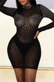 Black Fashion Sexy Patchwork Hot Drilling See-through Half A Turtleneck Robes à manches longues