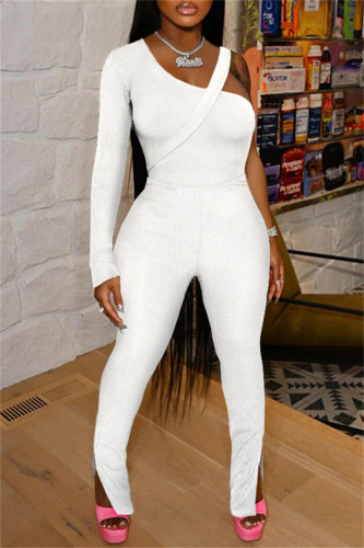 White Fashion Casual Solid Patchwork Slit Oblique Collar Long Sleeve Two Pieces